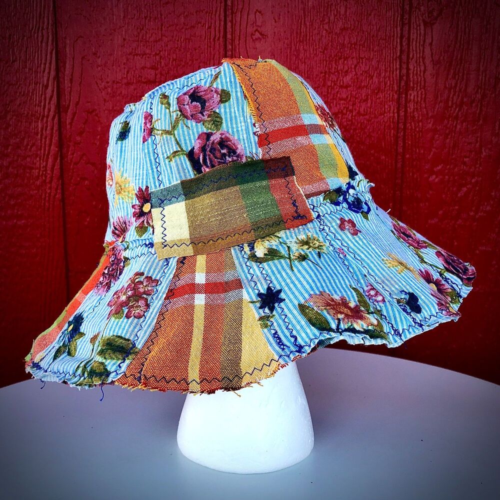 Upcycled Patchwork Hat One of One - Blue and Orange Floral Design